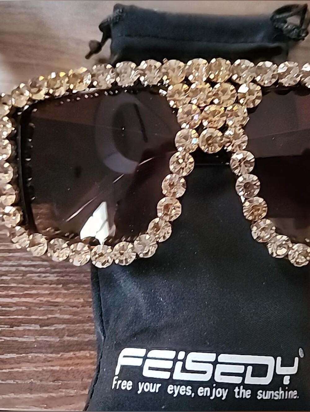 Gold Crystal-Embellished Square Sunglasses PEIGOU Oversized Rhinestone Square